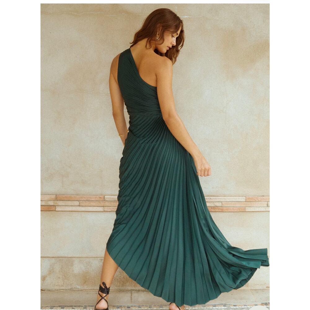 New O.P.T Perko dark green pleated one shoulder dress sz M - Picture 3 of 8
